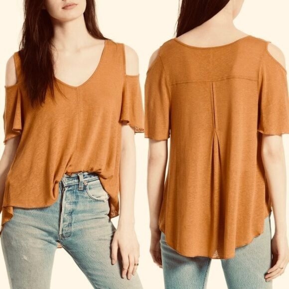 Free People Bittersweet Mustard Yellow Cold Shoulder Linen Top - Picture 1 of 6